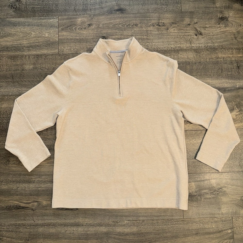 Van Heusen Mens Ottoman Sweatshirt Sz Large Tan Beige Collared 1/4‎ Zip Pullover